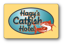 Hagys Catfish hotel logo over pastel yellow background